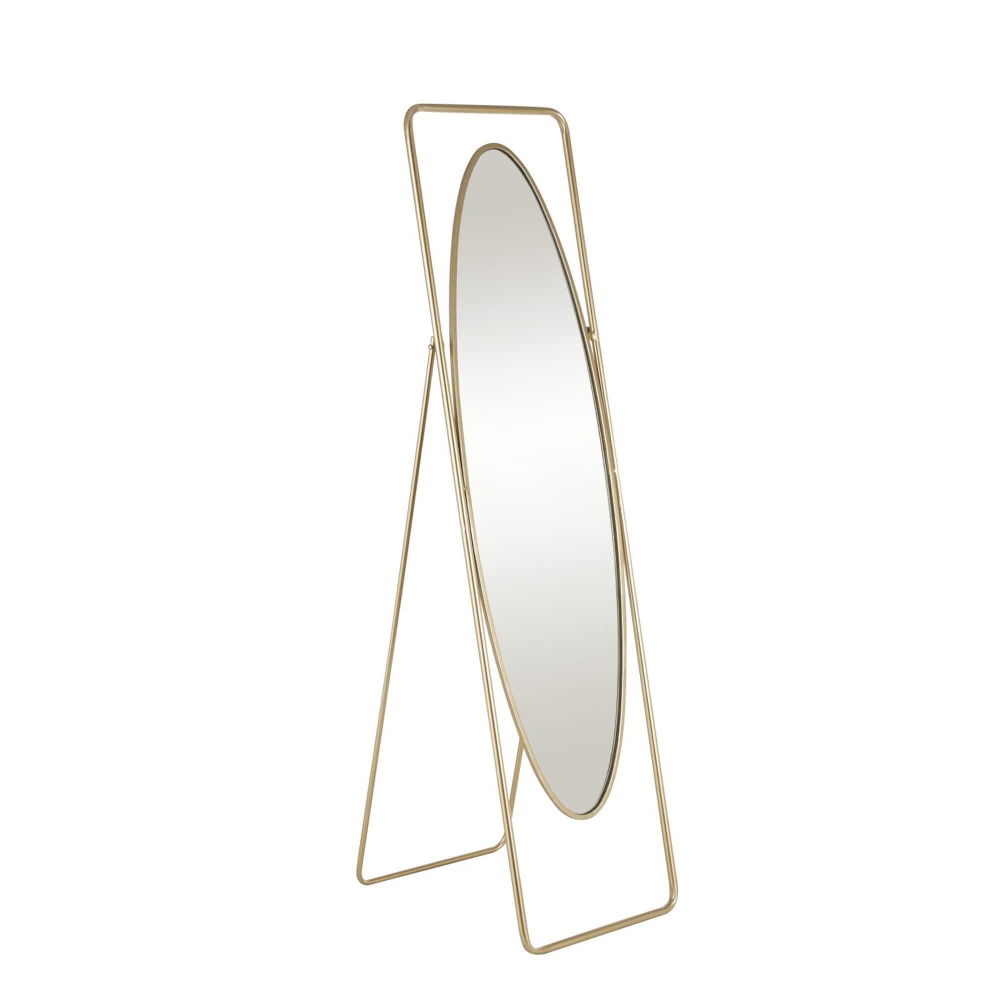 17" x 66" Gold Metal Geometric Oval Floor Mirror with Rectangular Frame & Stand